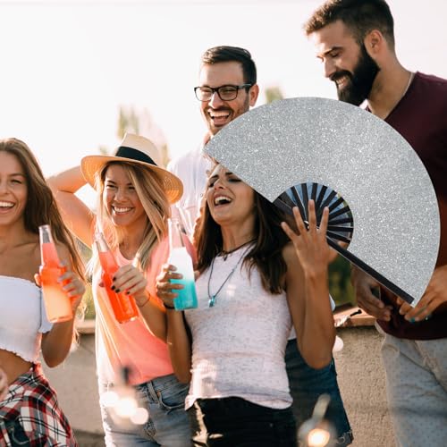 Image of Vercraft 13'' Large Rave Fan for Women Rave Accessories Festival Outfits Glitter Hand Folding Clack Fan for Line Dancing EDM Music Festival Outfits(Silver)