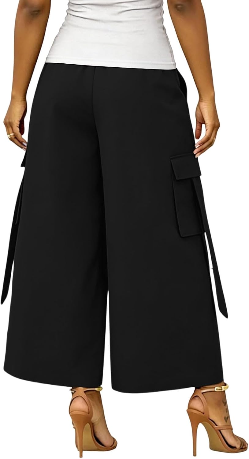 Wide Leg Cargo Capri Pants for Women Tall Waist Button Fly Cropped Pants Summer Casual Loose Fit Trousers with Pockets