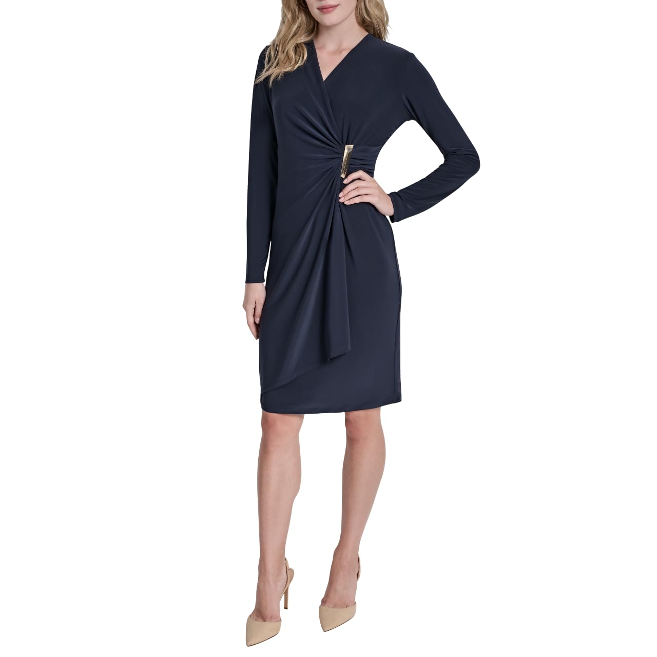 DKNY Women's Long Sleeve Surplice Neck Sheath Dress