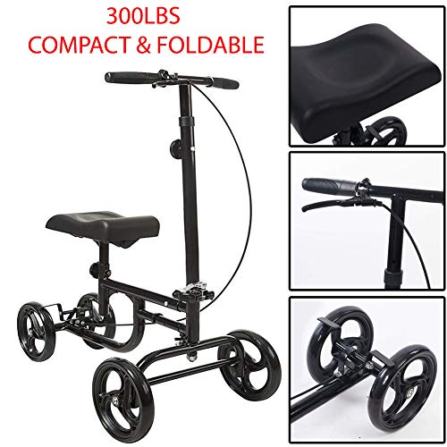 300Lbs Compact & Foldable All-Road Knee Walker Steerable Madical Scooter Crutch Alternative Ideal for Ankle Or Lower Leg Individuals Recovering from A Broken Foot, Broken Ankle Or Ankle Surgery Black
