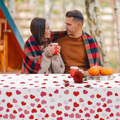 Image of OQOQ Love Heart Valentines Day Tablecloth (2 Packs) - 108x54 Inches Pink and Red Hearts Plastic Table Cloth Disposable Rectangle Table Cover for Anniversary Engagement Party Decorations Supplies