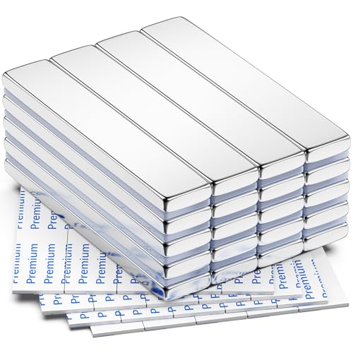 Image of FINDMAG Rare Earth Bar Magnets with Adhesive Backing, 20 Pack, 60x10x3mm | Strong rectangular magnets with a flat mounting surface; for workshop fixtures, tool placement, cabinet doors and displays