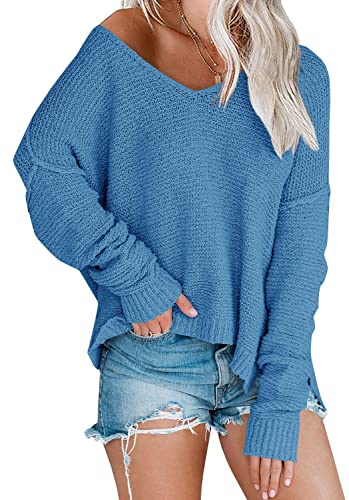Image of Women's Off Shoulder Knit Sweaters Oversized V Neck Long Sleeve Loose Lightweight Pullover Tops