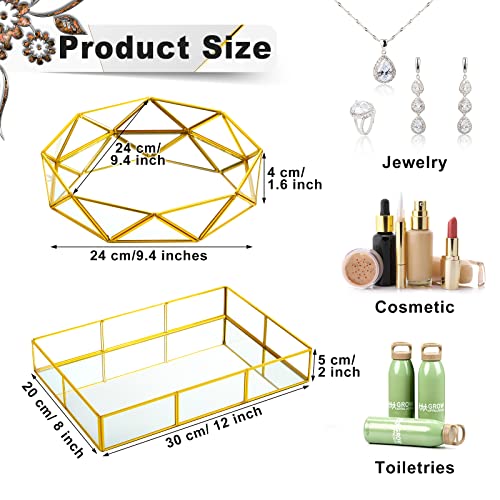 2 Pcs Gold Mirror Vanity Tray Metal Mirror Tray Rectangle Geometric Shape Perfume Organizer Cosmetic Decorative Tray Bathroom Dresser Ornate Jewelry Organizer Makeup Tray For Bedroom Home Table #TOP1