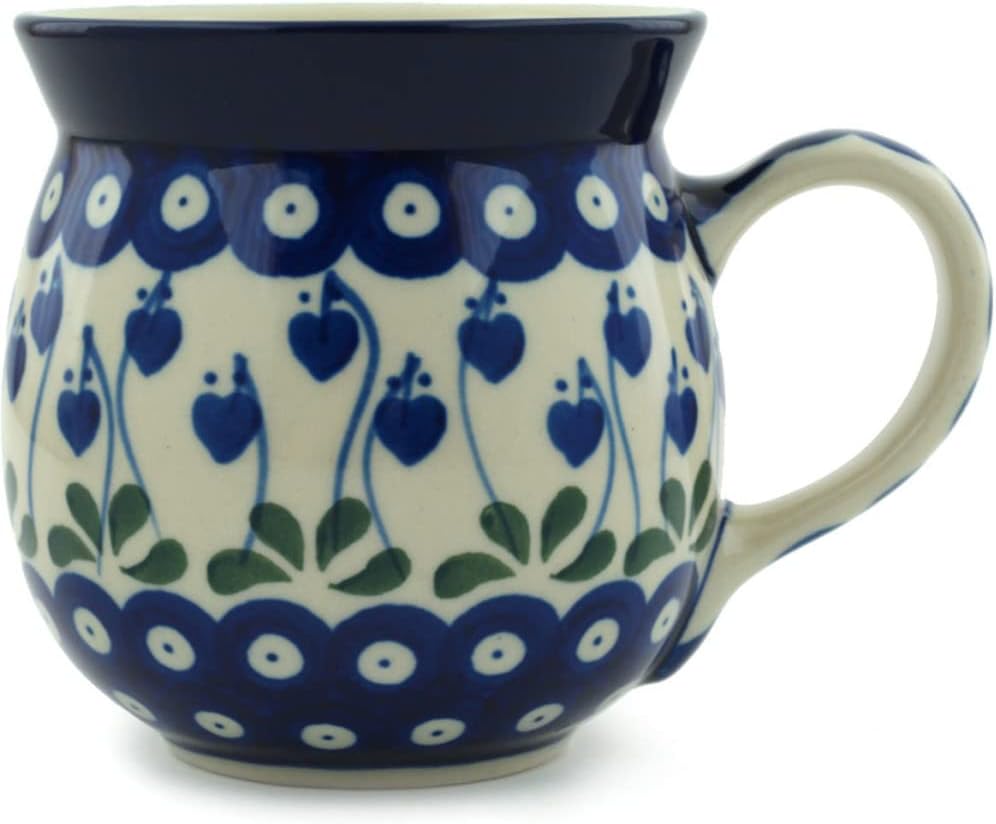 Polmedia Polish Pottery Bubble Mug 16 oz - Bleeding Heart Peacock Pattern Handmade in Boleslawiec Poland by Ceramika Artystyczna + Certificate of Authenticity