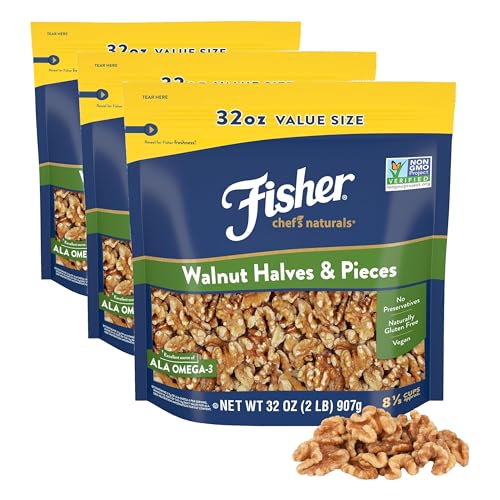 Image of Fisher Chef's Naturals Walnut Halves & Piece 2lb, 100% California Unsalted Walnut, Baking & Cooking, Healthy Snacks - Adults Resealable Bag, Vegan Protein, Keto Snack, Chopped Nuts,Topping (Pack of 3)