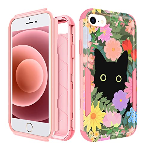 Plakill for iPhone SE Case 2020/2022/3rd Generation, for iPhone 8/7 Case, Heavy Duty Protective Cat Flower Cute Phone Cover for Women Men Girls Boys Hard Cases for iPhone 7/8/SE