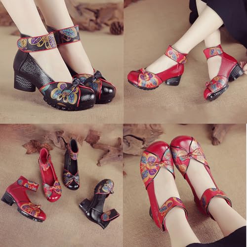 Women's Leather Block Heel Dress Pumps,Comfort Vintage Bow Print Closed Toe Hook Loop Ankle Strap Oxford Casual Shoes3