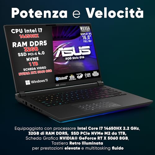 ROG STRIX G16 (2025) PC GAMING, NOTEBOOK GAMING I7-14650HX, NVIDIA GEFORCE RTX 5060 (8GB GDDR7), RAM 32GB DDR5, SSD 1TB, DISPLAY 16" FHD CON THUNDERBOLT 5, BT 5.4, TASTIERA RGB, WIFI 7 - Notebook - Immagine 6