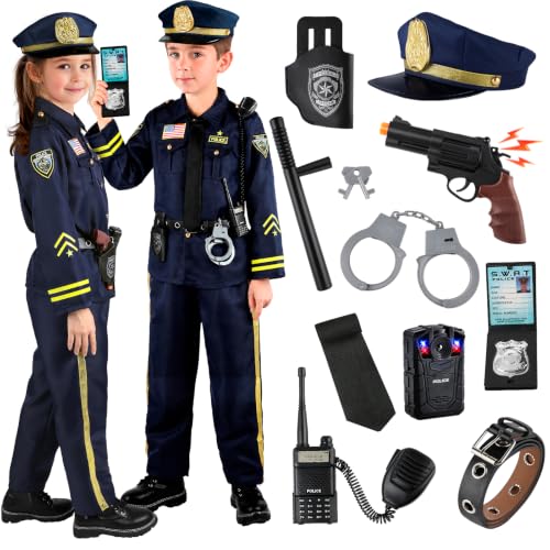 GIFTINBOX 12PCS Police Costume for Kids, Kids Police Officer Costume for Boys Girls with Accessories, Halloween Costumes for Boys and Girls