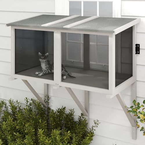 Cat Catio, Expandable Window Box Enclosure for Indoor Cats, Comfortable Wooden Small Pet Perch House Hammock, All-Weather, Keep Bugs Insects Out