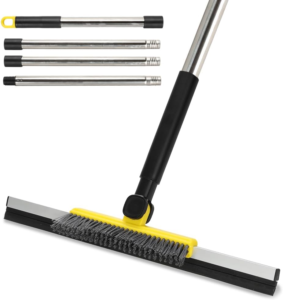 Gloffer 2-in-1 Floor Squeegee Scrubber with 54" Adjustable Handle - Stiff Bristle Brush & Rubber Squeegee for Bathroom, Kitchen, Garage Floor Cleaning (Yellow)