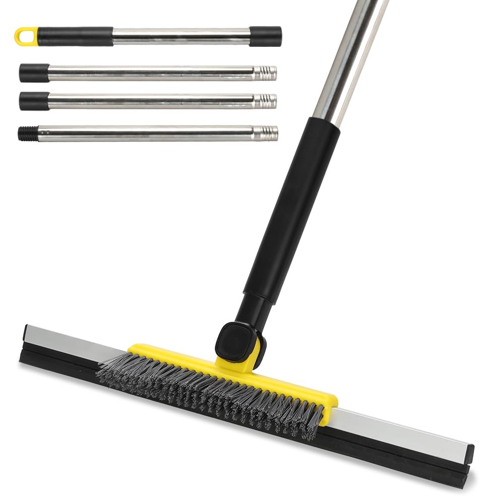 Gloffer 2-in-1 Floor Squeegee Scrubber with 54" Adjustable Handle - Stiff Bristle Brush & Rubber Squeegee for Bathroom, Kitchen, Garage Floor Cleaning (Yellow)