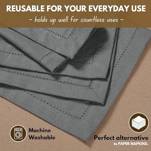Native Fab Gray Cloth Napkins 100% Cotton, Set of 12, 18x18 inch, Hemstitched Edges with Mitered Corners, Soft, Absorbent, Reusable Table Napkins for Celebrations, Events, Lunch, Dinner, Grey
