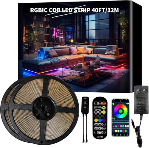 Image of COB LED Strip Light 40ft /12m (1 Roll) Warm White 3000K | High Lumen CRI 90+ with UL Listed Power Adapter Remote for Bedroom Counter Under Cabinet Kitchen Projects