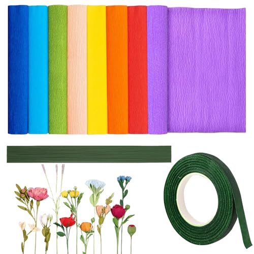 Miniatura 7 de 8 Rollos De Papel Crepé De Colores Para Hacer Flores, Papel Crepé De Flores, Hojas De Papel Crepé De 25 X 250 Cm, 1 Rollo De Cinta Verde Para Floristería Y 20 Tallos De Alambre Floral Para Decoración