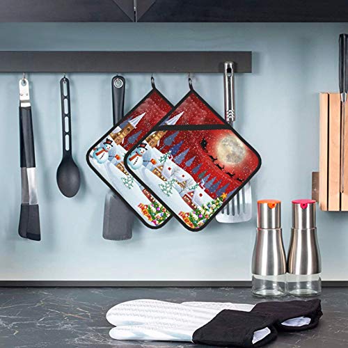Pot Holders Set Of 2, Christmas Snowman Tree Reindeer Under The Full Moon Heat Resistant Kitchen Non Slip Printed Cooking Barbecue Baking Microwave #TOP4