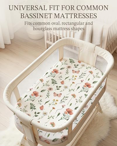 Image of Bassinet Sheets for Baby Girls Boys 2 Pack, Fitted Baby Mattress Sheet for Rectangle, Oval, Hourglass Bassinet Mattress, Breathable Cozy & Universal Fit (Butterfly Garden, Bassinet Sheet)