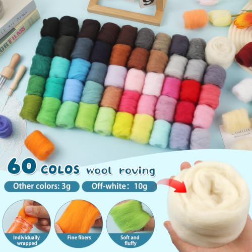 Image of Mayboos 60 Colors Needle Felting Kit with Assorted Wool Roving & Needles | Soft Felting Wool, with 4 Sizes Felting Needles 60 Pcs Total &3 Wooden Handles for Adults & Beginners DIY Felting