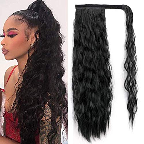 22 Inch Long Corn Wave Ponytail Extension Magic Paste Synthetic Curly Wavy Drawstring Ponytail Extension Curly Heat Resistant Hairpieces for Women(2#)