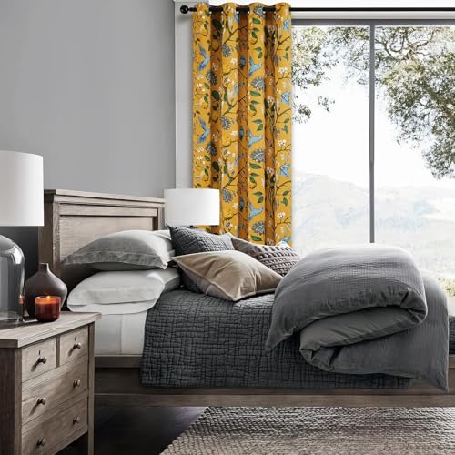 Image of Topfinel Mustard Yellow Vintage Curtains & Drapes 84 Inches Long, Grommet Luxury Whimsical Floral Lemon Hummingbird Patterned Waverly Mid Century Colorful Blackout Drapes for Living Room Bedroom