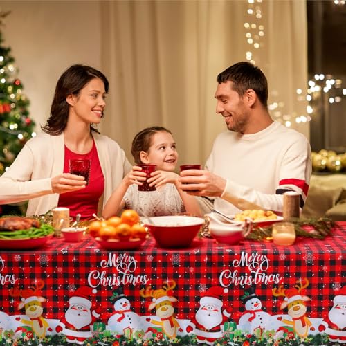 Tiamon Christmas Tablecloth Table Cover 60 x 84 Inch for Rectangle Table, Washable Red Buffalo Plaid Snowman Santa Claus Cover Decorations for Xmas Winter Holiday Party Supplies – Image 6
