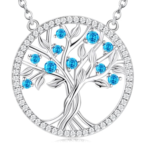 LEXLUNE 生命の樹 ネックレス 女性用 9月 10月 誕生石 ブルーサファイア トルマリンジュエリー お母さん 妻 誕生日プレゼント 925スターリングシルバー, スターリングシルバー, アクアマリン