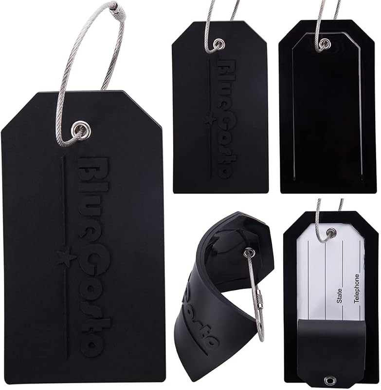BlueCosto - Etiquetas de equipaje - Grande, negro, 5 unidades - Etiquetas de valija de PVC con cubierta de privacidad y bucles de alambre de acero inoxidable - Identificadores de equipaje personalizados para viajes - Etiquetas de nombre de mochila