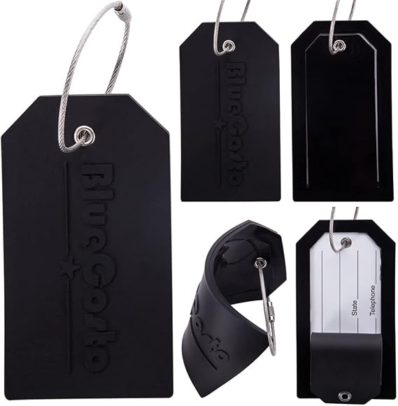 Luggage Tags - Large, Black, 5 PK - PVC Suitcase Tags w/Privacy Cover & Stainless Steel Wire Loops - Personalized Baggage Identifiers for Travel - Backpack Name Labels