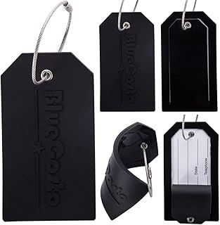 BlueCosto - Luggage Tags - Large, Black, 5 PK - PVC Suitcase Tags w/Privacy Cover & Stainless Steel Wire Loops - Personalized Baggage Identifiers for Travel - Backpack Name Labels