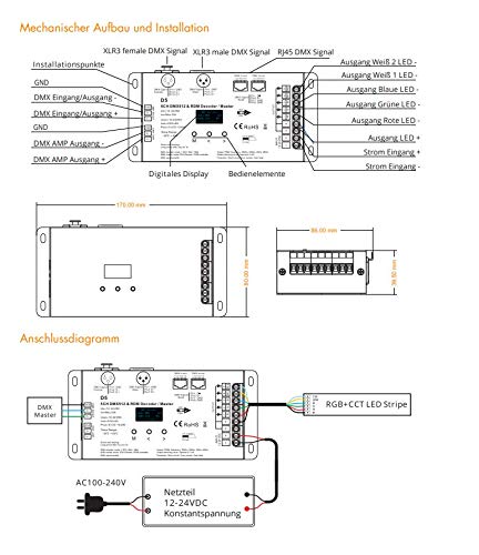 D5-OLED Display 5-Kanal DMX512 /RDM LED Controller 6A/ Kanal (30A) 12-24Volt DC 16bit XLR RJ45 Stand-alone PWM Frequenz bis 8000Hz Dimmkurve einstellbar