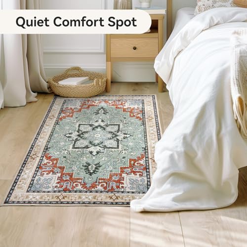 Lofus 3x5 Area Rugs for Living Room, Machine Washable Area Rug, Soft Small Rugs for Bedroom, Kitchen, Office and Indoor, Vintage Boho Carpet, Non-Slip Low Pile Carpets, Beige Orange