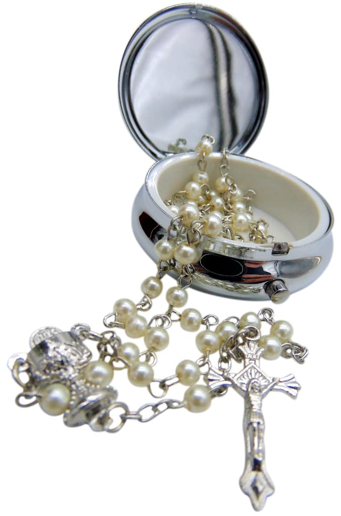 Westmon Works First Communion Rosary Glass Bead with Chalice Centerpiece and Crucifix Catholic Girls Deluxe Set with Metal Snap Case Keepsake