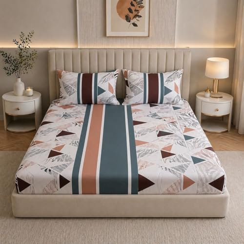 Image of Castiqa Elastic Fitted Supersoft Premium Brushed Cotton 200TC Double Bedsheets King Size 78x72 Inch with 2 Pillow Covers (Fits Upto Mattress of 8 Inches) (Green White Triangle)