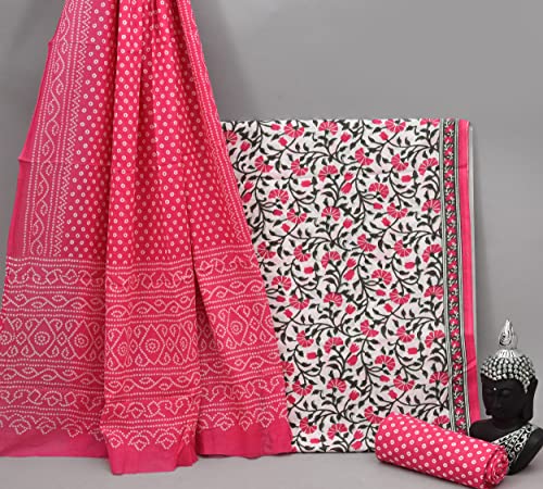 Image of NISHIRE Women's Cotton Jaipuri Hand Block Print Unstitched Suit Material with Cotton Mulmul Dupatta