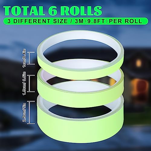 Image of Whaline 6 Roll Glow in The Dark Tape Green Luminous Sticker Glow Warning Tape Waterproof Highlighting Rechargeable Fluorescent Tape Safety Egress Markers for Stair Treads Walls Stage Exit Sign, 59Ft