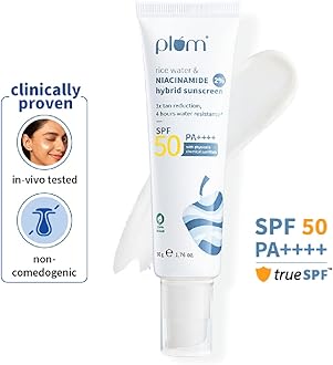 Plum 2% Niacinamide Sunscreen SPF 50 PA+++ With Rice Water | UVA/UVB Protection | Reduces Tan, Brightens Skin | No White Cast, Non-Sticky | All Skin Types | Women & Men | 100% Vegan | 50 g