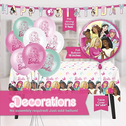Image of Barbie Birthday Party Decorations | Barbie Party Decorations | Serves 16 Guests | Balloons, Banner, Tablecover, Plates, Napkins, Button | Officially Licensed