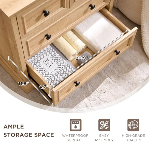 Image of ACCOHOHO 26 inch W Nightstands Set of 2, Farmhouse End Table with 4 Drawers for Storage, Nightstand with Charging Station for Bedroom, Natural Oak