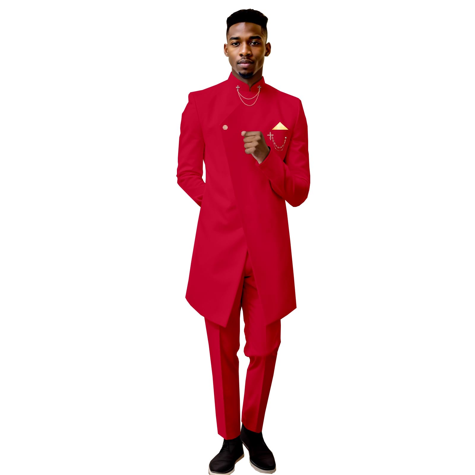 Men's Suit One Button Gold Chain Kerchief Blazer and Pants 2 Pieces Set Slim Fit African Suits