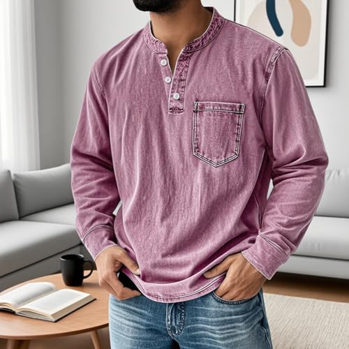 Mokaloha Mens Long Sleeve Shirts, Men's Retro Stand Collar Pocket Casual Distressed Long Sleeve Henley Shirt4