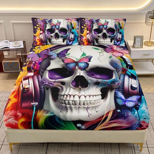 AILONEN Kids Hip Hop Skull Bedding Set Twin XL Size,3Pcs Colorful Smokey Music Butterfly Skull Fitted Sheet with 2 Pillowcases