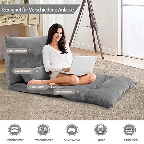 COSTWAY Klappbares Bodensofa, 3 in 1 Schlafsofa mit Schlaffunktion und Verstellbarer Rückenlehne, Sofabett mit 2 Lendenkissen, Klappsofa für Wohnzimmer & Schlafzimmer (Grau) – Bild 6