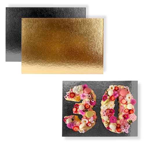 Bases de Tarta Rectangular 40x60 cm | Pack de 10 Oro - Negro | Grosor 1 mm | Expositor en Cartón para Bizcochos, Pasteles y Dulces | Dorado y Negro