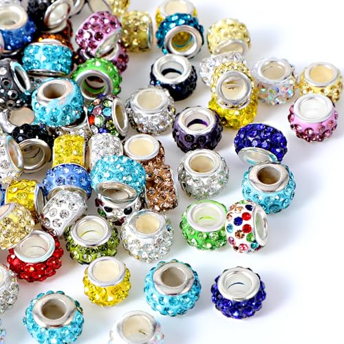 100 Stück Strass Perlen Mit Großem Loch, Bunte Crystal Pave Spacer Perlen Europäische Abstandshalter aus Polymer Ton Charms für DIY Handwerk Halsketten Schmuck