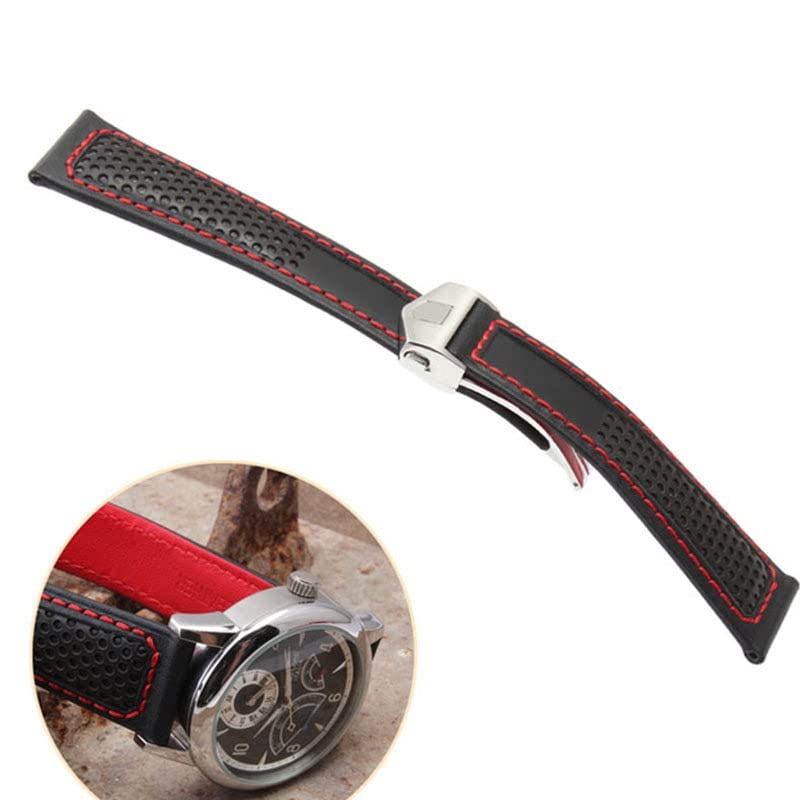 Bracelet de montre en cuir véritable de vachette haute qualité noir et rouge - 4