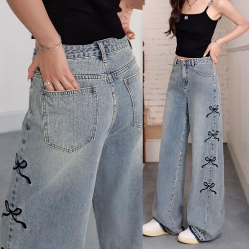 Fashion Women's Jeans Y2K High Waist Casual Vintage Baggy Straight Cut Cute Bow Embroidered Denim Pants4