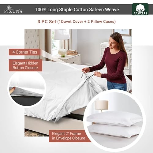 Pizuna 100% Cotton Duvet Cover Queen Size White, 400 Thread Count Long Staple Cotton Cooling Duvet Cover, Sateen Queen Quilt Cover With Hidden Button Closure (White Duvet Cover Queen) Linens #TOP2