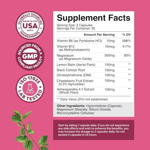 PMS Support Supplement for Women – Hormone Balance for Women & Menstrual Discomfort with DIM, Chasteberry, Black Cohosh & Ashwagandha - for Period Cramps Ease, Menopause Bloating, Mood Swing – 60 Ct - Thumbnail 3