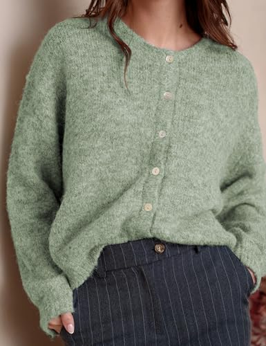 Image of Ynhonra Womens Cardigan Sweater Front Button Loose Y2k Long Sleeve Crewneck | Lightweight Knit Ribbed Hem